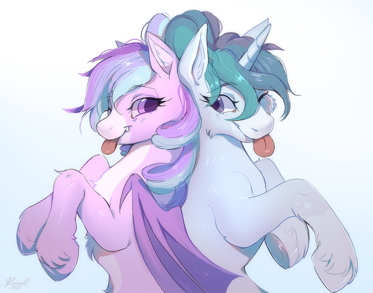 Size: 1100x864 | Tagged: safe, artist:renciel, derpibooru import, oc, unofficial characters only, bat pony, pony, unicorn, :p, bat pony oc, bat wings, cheek fluff, chest fluff, duo, pale belly, tongue out, unshorn fetlocks, wings