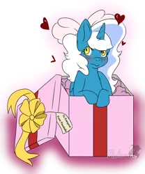 Size: 1280x1536 | Tagged: safe, artist:mediocrekit, derpibooru import, oc, oc:fleurbelle, unofficial characters only, alicorn, pony, alicorn oc, blushing, bow, box, female, hair bow, heart, horn, mare, pony in a box, present, ribbon, simple background, solo, tissue paper, transparent background, wings, yellow eyes