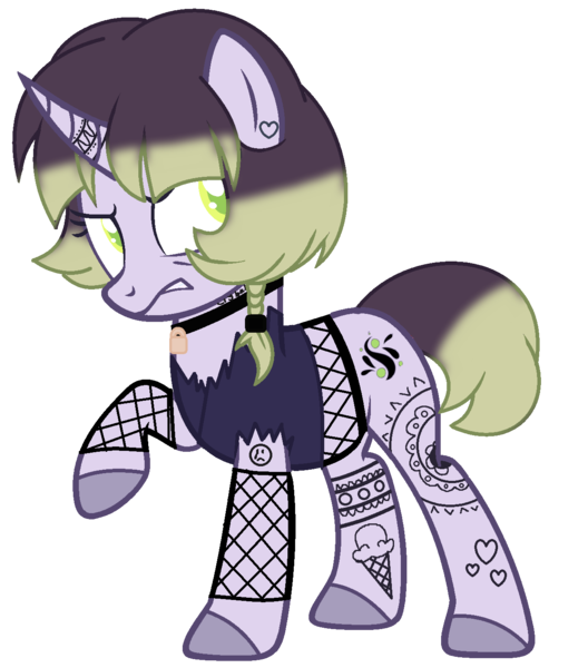 Size: 1253x1424 | Tagged: safe, artist:celestial-rue0w0, artist:pegasski, derpibooru import, oc, oc:glitter ink, unofficial characters only, pony, unicorn, angry, annoyed, choker, clothes, commission, ear piercing, earring, female, fishnet clothing, gritted teeth, jewelry, lock, mare, piercing, raised hoof, simple background, solo, tanktop, tattoo, torn clothes, transparent background