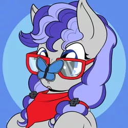 Size: 1000x1000 | Tagged: safe, artist:housho, derpibooru import, oc, oc:cinnabyte, unofficial characters only, butterfly, earth pony, pony, bandana, butterfly on nose, commission, female, finished commission, glasses, insect on nose, mare, simple background, solo, your character here