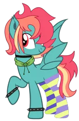 Size: 1257x1933 | Tagged: safe, artist:celestial-rue0w0, artist:pegasski, derpibooru import, oc, oc:rainbow screech, unofficial characters only, bat pony, pony, icey-verse, base used, bat pony oc, bat wings, bracelet, choker, clothes, commission, female, hair over one eye, hood, magical lesbian spawn, mare, multicolored hair, offspring, parent:evil pie hater dash, parent:flutterbat, parent:fluttershy, parent:rainbow dash, parents:flutterdash, parents:piehaterbat, raised hoof, show accurate, simple background, socks, solo, spiked wristband, striped socks, transparent background, wings, wristband