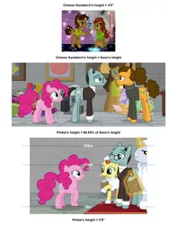 Size: 1596x2026 | Tagged: safe, derpibooru import, cheese sandwich, lemon honey, pinkie pie, platinum cure, sans smirk, earth pony, pony, pinkie pride, the last laugh, analysis, comparison, comparison chart, height, height difference, height scale, math, scale, size chart, size comparison