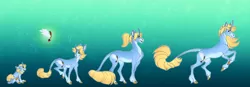 Size: 9478x3300 | Tagged: safe, artist:turnipberry, deleted from derpibooru, derpibooru import, oc, oc:art's desire, unofficial characters only, classical unicorn, pony, unicorn, age progression, cloven hooves, colored hooves, cutie mark, female, filly, foal, green background, leonine tail, mare, ponytail, realistic horse legs, sequence, simple background, solo, unshorn fetlocks