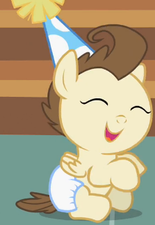 Size: 223x323 | Tagged: safe, derpibooru import, screencap, pound cake, pony, baby cakes, baby, baby pony, colt, cropped, cute, diaper, diapered, diapered colt, eyes closed, happy, happy baby, hat, male, one month old colt, open mouth, party hat, playful, solo, white diaper