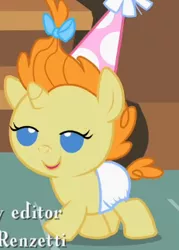 Size: 231x323 | Tagged: safe, derpibooru import, screencap, pumpkin cake, pony, baby cakes, baby, baby pony, cropped, cute, diaper, diapered, diapered filly, female, filly, happy, happy baby, hat, lidded eyes, one month old filly, party hat, sugarcube corner, white diaper