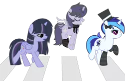 Size: 2052x1320 | Tagged: safe, artist:celestial-rue0w0, artist:holdytussigwpigeon, derpibooru import, oc, oc:melodic dreams, oc:moonlight nova, oc:nightfall blitz, alicorn, pony, unicorn, icey-verse, abbey road, alicorn oc, bandaid, base used, bow, clothes, commission, ear piercing, earring, eyes closed, eyeshadow, female, flying, grin, hair bow, hat, horn, jewelry, magical lesbian spawn, makeup, mare, multicolored hair, offspring, open mouth, parent:mean twilight sparkle, parent:oc:moonshine twinkle, parent:octavia melody, parent:vinyl scratch, parents:canon x oc, parents:meanshine, parents:scratchtavia, piercing, pronking, raised hoof, raised leg, scarf, siblings, simple background, sisters, smiling, the beatles, wings