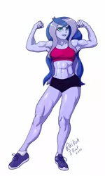 Size: 900x1500 | Tagged: suggestive, artist:raikoh, derpibooru import, princess luna, equestria girls, abs, armpits, biceps, bra, breasts, clothes, female, flexing, looking at you, muscles, muscular female, shoes, shorts, sneakers, solo, sports bra, sports shorts, underwear, vice principal luna, vice principal muscle moona