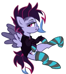 Size: 954x1074 | Tagged: safe, artist:celestial-rue0w0, artist:lullabyprince, derpibooru import, oc, oc:brie spacer, unofficial characters only, pegasus, pony, base used, bedroom eyes, clothes, commission, eyeshadow, female, jacket, leather jacket, makeup, mare, multicolored hair, piercing, raised hoof, raised leg, shirt, simple background, snake bites, socks, solo, striped socks, t-shirt, transparent background