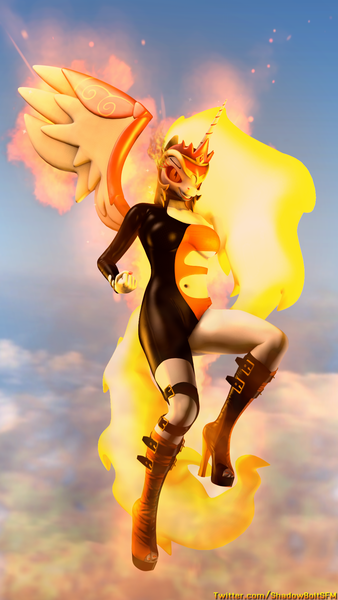 Size: 1080x1920 | Tagged: anthro, artist:shadowboltsfm, badass, boots, clothes, daybreaker, derpibooru import, evil, evil grin, female, flying, grin, high heel boots, looking at you, nail polish, on fire, plantigrade anthro, safe, shoes, skinsuit, skintight clothes, sky, smiling, solo, wings