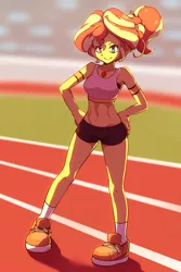 Size: 2000x3000 | Tagged: safe, artist:rockset, derpibooru import, sunset shimmer, equestria girls, alternate hairstyle, armband, beautiful, belly button, clothes, confident, female, geode of empathy, hands on hip, high res, magical geodes, midriff, ponytail, race track, running shorts, sexy, shoes, shorts, smiling, smiling at you, sneakers, socks, solo, sports bra, sports shorts, tanktop