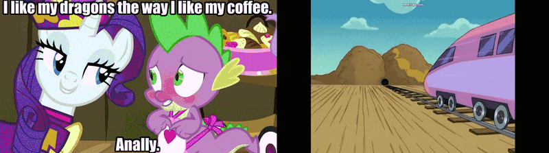 Size: 1614x450 | Tagged: suggestive, derpibooru import, edit, edited screencap, screencap, rarity, spike, dragon, pony, unicorn, dragon quest, animated, apron, bend over, blushing, caption, clothes, coffee, drawn together, dress, female, gif, image macro, imminent anal, imminent sex, implied anal, implied sex, male, mare, meme, naked apron, rarity's bad pickup lines, shipping, sparity, straight, text, train