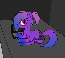 Size: 2188x1964 | Tagged: suggestive, artist:anonymous, derpibooru import, earth pony, pony, alt, ass, butt, clothes, computer, laptop computer, panties, socks, solo, striped socks, underwear