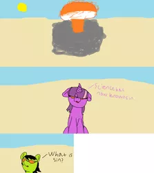 Size: 1736x1945 | Tagged: safe, artist:niggamancer, derpibooru import, twilight sparkle, oc, oc:anonfilly, 1000 hours in ms paint, cat's cradle, female, filly, kurt vonnegut, mushroom cloud