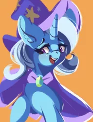 Size: 878x1152 | Tagged: safe, artist:tohupo, derpibooru import, trixie, pony, unicorn, ear fluff, female, mare, open mouth, orange background, simple background, solo