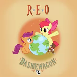 Size: 1024x1024 | Tagged: safe, artist:baumkuchenpony, artist:grapefruitface1, artist:moongazeponies, artist:tamalesyatole, derpibooru import, apple bloom, scootaloo, sweetie belle, winona, ponified, dog, pony, album cover, cutie mark crusaders, earth, globe, ponified album cover, reo speedwagon