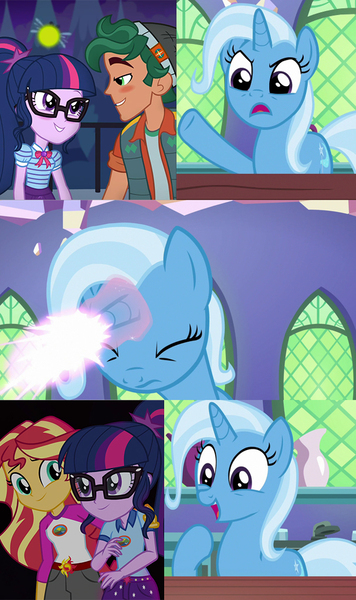 Size: 607x1024 | Tagged: safe, artist:mega-poneo, derpibooru import, edit, edited screencap, editor:secrettitan, screencap, sci-twi, sunset shimmer, timber spruce, trixie, twilight sparkle, firefly (insect), insect, all bottled up, equestria girls, equestria girls series, legend of everfree, star crossed, base, blushing, camp everfree outfits, clothes, duo, exploitable meme, female, geode of telekinesis, glasses, lesbian, magical geodes, male, meme, ponytail, scitwishimmer, shipping, shipping denied, shipping fuel, smiling, straight, sunsetsparkle, timbertwi, trixie fixing meme