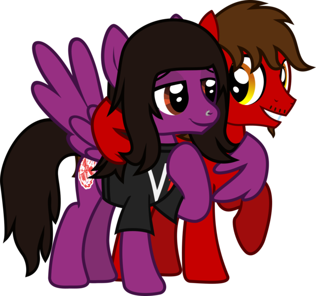 Size: 1353x1265 | Tagged: safe, artist:lightningbolt, derpibooru import, oc, oc:chip, ponified, pegasus, pony, .svg available, clothes, duo, facial hair, friends, hoof on chest, hug, lidded eyes, looking at each other, male, nose piercing, pierce the veil, piercing, raised hoof, shirt, simple background, spread wings, stallion, standing, svg, t-shirt, transparent background, vector, vic fuentes, winghug, wings