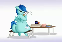 Size: 4000x2700 | Tagged: suggestive, artist:andesblorps, derpibooru import, oc, oc:soft cloud, unofficial characters only, pegasus, pony, bedroom eyes, burger, butt, chair, dialogue, eating, fat, food, furniture abuse, gradient background, high res, huge butt, large butt, looking at you, looking back, looking back at you, pizza box, plot, rear view, soda, table, talking to viewer