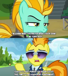 Size: 1280x1440 | Tagged: caption, clothes, derpibooru import, edit, edited screencap, editor:jaredking203, female, glasses, image macro, lightning dust, mare, meme, pegasus, safe, screencap, spitfire, text, the washouts, the washouts (episode), top bolt, uniform, wonderbolts dress uniform