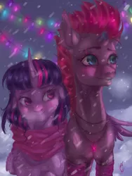Size: 1200x1600 | Tagged: artist:coconuthound, blushing, broken horn, christmas, christmas lights, clothes, cute, derpibooru import, eye scar, female, fizzlepop berrytwist, hearth's warming eve, holiday, horn, hug, jewelry, lesbian, necklace, safe, scar, scarf, shipping, signature, smiling, snow, tempestlight, tempest shadow, twiabetes, twilight sparkle, winghug, winter