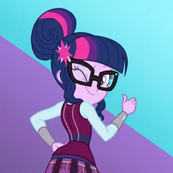 Size: 900x900 | Tagged: safe, artist:sapphiregamgee, derpibooru import, sci-twi, twilight sparkle, equestria girls, friendship games, clothes, crystal prep, crystal prep academy, crystal prep academy uniform, female, glasses, one eye closed, school uniform, solo, wink, winking at you