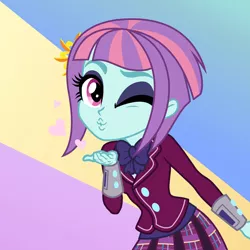 Size: 900x900 | Tagged: safe, artist:sapphiregamgee, derpibooru import, sunny flare, equestria girls, friendship games, abstract background, blowing a kiss, bowtie, clothes, crystal prep, crystal prep academy, crystal prep academy uniform, crystal prep shadowbolts, female, kissy face, one eye closed, school uniform, wink