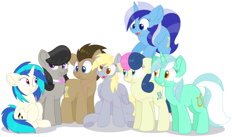 Size: 3367x1990 | Tagged: safe, artist:rainbow eevee, derpibooru import, bon bon, derpy hooves, doctor whooves, lyra heartstrings, minuette, octavia melody, sweetie drops, time turner, vinyl scratch, earth pony, pegasus, pony, unicorn, background six, bowtie, cute, derpabetes, doctor whooves gets all the mares, female, floppy ears, folded wings, grin, group photo, looking at each other, looking away, male, obtrusive watermark, open mouth, simple background, smiling, transparent background, vector, watermark, wings