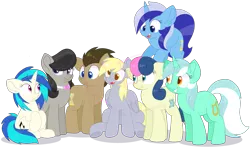 Size: 3367x1990 | Tagged: safe, artist:rainbow eevee, derpibooru import, bon bon, derpy hooves, doctor whooves, lyra heartstrings, minuette, octavia melody, sweetie drops, time turner, vinyl scratch, earth pony, pegasus, pony, unicorn, background six, bowtie, cute, derpabetes, doctor whooves gets all the mares, female, floppy ears, folded wings, grin, group photo, looking at each other, looking away, male, obtrusive watermark, open mouth, simple background, smiling, transparent background, vector, watermark, wings