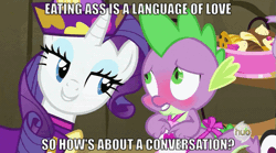 Size: 631x351 | Tagged: suggestive, artist:dubstepina, derpibooru import, edit, edited screencap, screencap, rarity, spike, dragon, pony, unicorn, dragon quest, blushing, caption, female, image macro, implied foalcon, male, mare, meme, pickup lines, rarity's bad pickup lines, shipping, sparity, straight, text