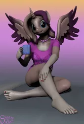 Size: 1080x1588 | Tagged: 3d, alicorn, anthro, artist:shadowboltsfm, barefoot, breasts, crossed legs, derpibooru import, feet, female, looking at you, magical lesbian spawn, magical threesome spawn, mug, oc, oc:shimmering spectacle, offspring, plantigrade anthro, pose, simple background, sitting, solo, solo female, source filmmaker, suggestive