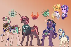 Size: 3000x2000 | Tagged: safe, artist:bunnari, derpibooru import, applejack, starlight glimmer, oc, oc:crescenta, oc:crimson charm, oc:darkwood, oc:forest fae, oc:stardust tale, earth pony, pony, unicorn, clothes, colt, female, magical lesbian spawn, male, mare, offspring, parent:applejack, parent:starlight glimmer, parents:glimmerjack, stallion