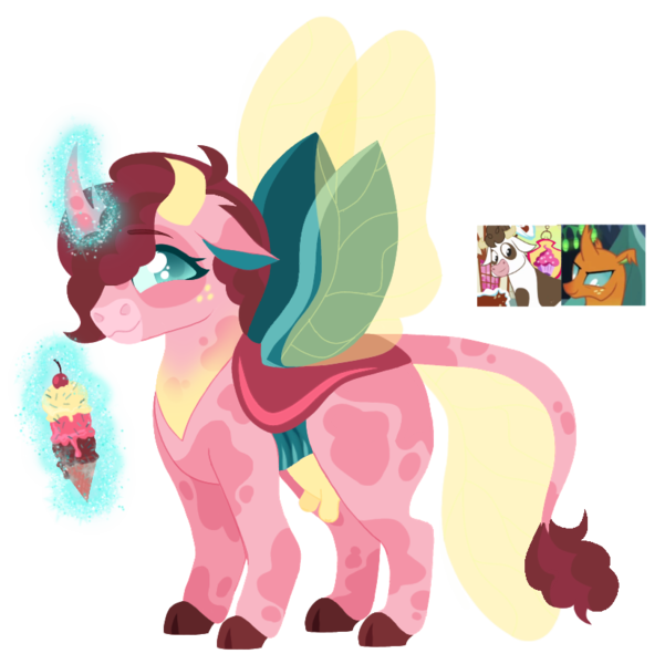 Size: 825x823 | Tagged: safe, artist:unoriginai, derpibooru import, daisy jo, oc, oc:strawberry sorbet, changedling, changeling, cow, hybrid, adoptable, cute, food, ice cream, interspecies offspring, levitation, magic, magic aura, offspring, parent:daisy jo, screencap reference, simple background, telekinesis, transparent background, udder