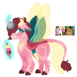 Size: 825x823 | Tagged: safe, artist:unoriginai, derpibooru import, daisy jo, oc, oc:strawberry sorbet, changedling, changeling, cow, hybrid, adoptable, cute, food, ice cream, interspecies offspring, levitation, magic, magic aura, offspring, parent:daisy jo, screencap reference, simple background, telekinesis, transparent background, udder