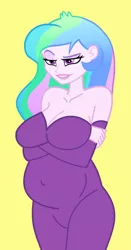 Size: 628x1200 | Tagged: suggestive, artist:0024387, derpibooru import, princess celestia, human, equestria girls, bedroom eyes, belly, big belly, breasts, busty princess celestia, cleavage, female, preglestia, pregnant, pregnant equestria girls, principal celestia, solo, solo female