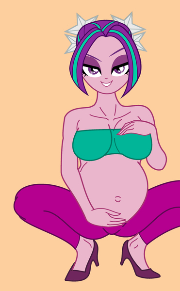 Size: 742x1200 | Tagged: suggestive, artist:0024387, derpibooru import, aria blaze, human, equestria girls, bedroom eyes, belly, big belly, breasts, busty aria blaze, cleavage, female, hand on belly, hand on breasts, looking at you, pregnant, pregnant equestria girls, solo, solo female, squatting