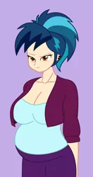 Size: 633x1200 | Tagged: safe, artist:0024387, derpibooru import, indigo zap, human, equestria girls, bedroom eyes, belly, big belly, big breasts, breasts, busty indigo zap, cleavage, female, hand on belly, looking at you, ponytail, pregnant, pregnant equestria girls, solo