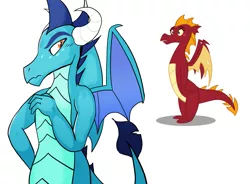 Size: 1531x1125 | Tagged: artist:klondike, artist:queencold, derpibooru import, dragon, dragoness, edit, emble, female, frown, garble, garbledina, male, prince ash, princess ember, rule 63, safe, shipping, simple background, spread wings, straight, surprised, teenaged dragon, white background, wide eyes, wings