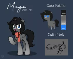 Size: 2560x2048 | Tagged: safe, alternate version, artist:sugar morning, derpibooru import, oc, oc:maya madrigal, unofficial characters only, pony, unicorn, clothes, commission, cutie mark, female, mare, pointy ponies, reference sheet, scarf, simple background, solo