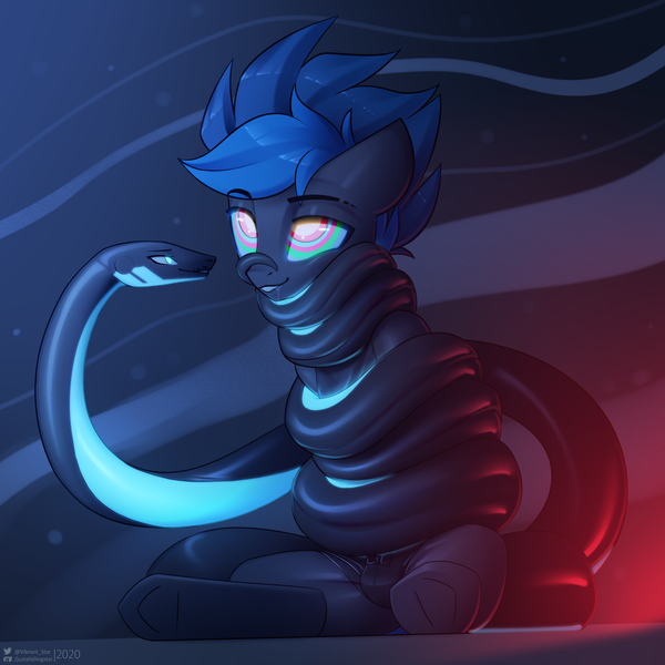 Size: 3816x3816 | Tagged: alternate version, artist:justafallingstar, clothes, coiling, coils, crotch bulge, derpibooru import, femboy, glowing eyes, hypnosis, male, oc, oc:vibrant star, panties, salivating, smiling, smirk, snake, suggestive, underwear