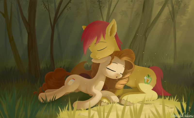 Size: 2300x1400 | Tagged: safe, artist:emeraldgalaxy, derpibooru import, bright mac, pear butter, earth pony, pony, the perfect pear, brightbutter, digital art, duo, eyes closed, female, grass, male, mare, prone, resting, scenery, shipping, stallion, straight, tree
