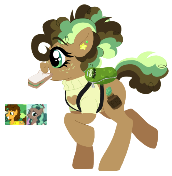 Size: 633x649 | Tagged: safe, artist:unoriginai, derpibooru import, cheese sandwich, minty mocha, oc, earth pony, adoptable, backpack, boob window, clothes, cute, ear piercing, earring, food, jewelry, lineless art, offspring, parent:cheese sandwich, parent:minty mocha, pickle, pickle rick, piercing, sandwich, screencap reference, simple background, sweater, transparent background