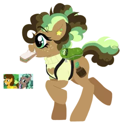 Size: 633x649 | Tagged: safe, artist:unoriginai, derpibooru import, cheese sandwich, minty mocha, oc, earth pony, adoptable, backpack, boob window, clothes, cute, ear piercing, earring, food, jewelry, lineless art, offspring, parent:cheese sandwich, parent:minty mocha, pickle, pickle rick, piercing, sandwich, screencap reference, simple background, sweater, transparent background