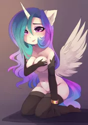 Size: 884x1250 | Tagged: suggestive, artist:magnaluna, derpibooru import, princess celestia, alicorn, anthro, plantigrade anthro, adorasexy, ambiguous facial structure, belly button, big breasts, bracelet, breasts, clothes, covering, cute, cutelestia, ear fluff, evening gloves, female, gloves, handbra, jewelry, kneeling, long gloves, looking at you, nudity, sexy, socks, solo, solo female, stockings, stupid sexy celestia, thigh highs