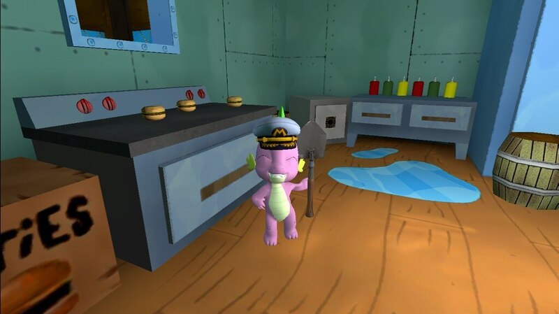 Size: 1024x575 | Tagged: safe, artist:undeadponysoldier, derpibooru import, spike, series:spikebob scalepants, 3d, condiments, cute, food, gmod, grill, happy, ketchup, kitchen, krabby patty, krusty krab, mustard, parody, sauce, solo, spatula, spikabetes, spongebob squarepants, super mario odyssey