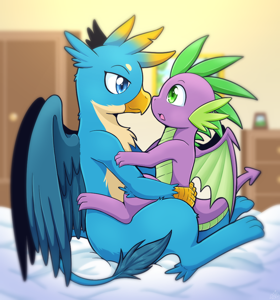 Size: 1000x1070 | Tagged: safe, artist:vavacung, derpibooru import, gallus, spike, dragon, gryphon, fanfic art, gallspike, gay, male, shipping