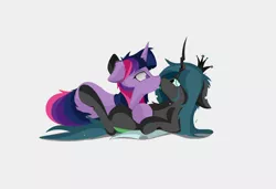 Size: 4400x3016 | Tagged: suggestive, artist:groomlake, derpibooru import, queen chrysalis, twilight sparkle, changeling, changeling queen, pony, colored, crown, curved horn, female, horn, jewelry, kissing, mare, regalia, simple, simple background, snuggling, spots, tongue out