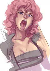 Size: 700x990 | Tagged: safe, artist:bakki, derpibooru import, pinkie pie, human, bad, badass, breasts, cleavage, female, humanized, mawshot, open mouth, solo, tongue out, uvula