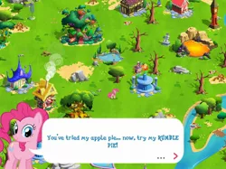 Size: 2049x1536 | Tagged: safe, derpibooru import, pinkie pie, earth pony, pony, clock tower, dead tree, element of honesty, female, game screencap, gameloft, golden oaks library, harmony stones, house, implied rumble, lava, lava pool, mare, pier, pond, river, speech bubble, statue, tree