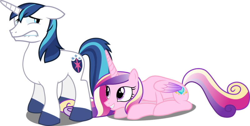 Size: 2432x1227 | Tagged: safe, artist:90sigma, artist:firestorm-can, artist:frownfactory, derpibooru import, edit, edited edit, editor:slayerbvc, vector edit, princess cadance, shining armor, alicorn, pony, unicorn, accessory-less edit, duo, female, grin, lip bite, looking back, looking up, male, mare, missing accessory, nervous, prone, shorn fetlocks, simple background, smiling, stallion, transparent background, vector