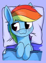 Size: 1018x1371 | Tagged: safe, artist:dacaoo, derpibooru import, rainbow dash, pegasus, pony, bed, blanket, blushing, cheek fluff, cute, dashabetes, female, laying on bed, leg fluff, mare, on back, on bed, pillow, solo